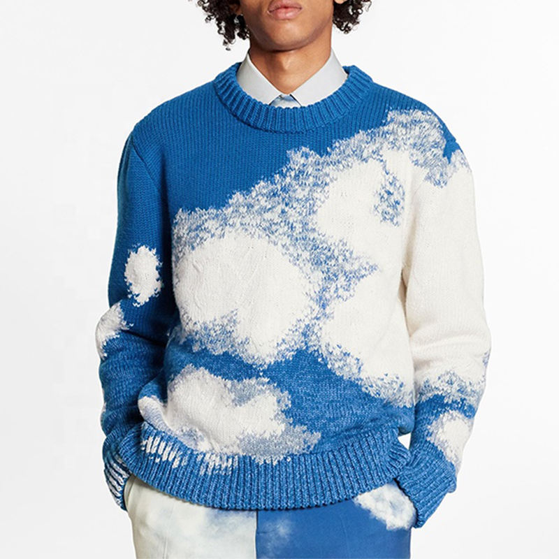 Lendületes ruhadarab egyedi férfi pulóver gyártója vastag kötött Jacquard pulóverek színblokk gyapjú pulóver az ember számára